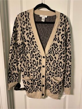Magaschoni Beige and Black Leopard Wool Cashmere Blend V-Neck Cardigan